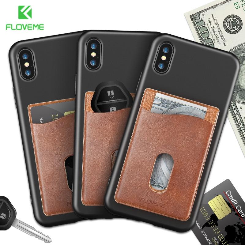 FLOVEME Leather 3M Adhesives Card Sticker Pocket Universal Credit Card Wallet Case For iPhone X 8 Samsung Women Men Phone Pouch